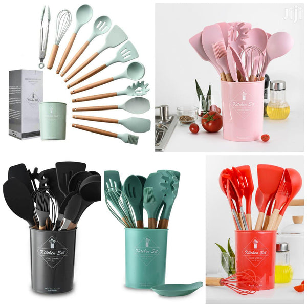 12pcs silicon spoon set with wooden handle